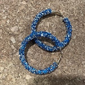 Blue and white rhinestone hoop earrings